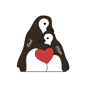 Two Hearts, One Snowy Journey - Family Personalized Custom Penguin Shaped Wooden Art Puzzle - Wooden Pet Carvings, Wood Sculpture Table Ornaments, Carved Wood Decor - Gift For Family Members