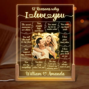 Custom Photo 12 Reasons Why I Love You - Couple Personalized Custom Shaped 3D LED Walnut Night Light - Gift For Husband Wife, Anniversary