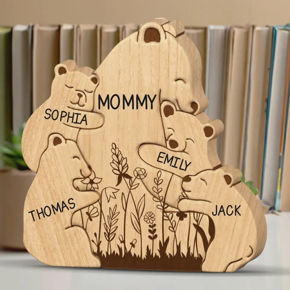 Mother’s Love Is Peace - Family Personalized Custom Bear Shaped Wooden Art Puzzle - Wooden Pet Carvings, Wood Sculpture Table Ornaments, Carved Wood Decor - Gift For Mom, Grandma