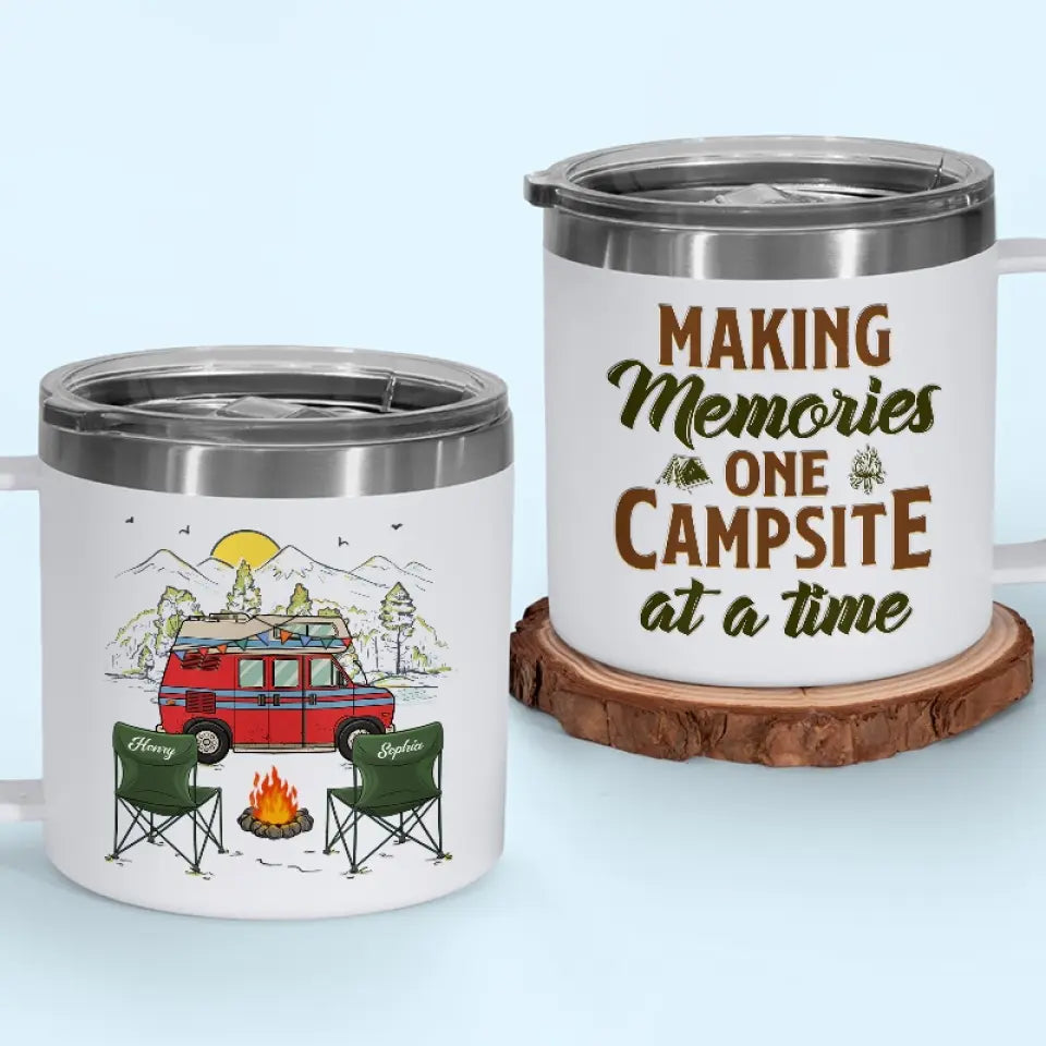 Happiness Is Making Memories With Those You Love - Camping Personalized Custom 14oz Stainless Steel Tumbler With Handle - Gift For Couple, Husband Wife, Camping Lovers