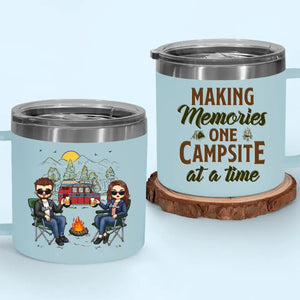 Husband & Wife, Camping Partners For Life - Camping Personalized Custom 14oz Stainless Steel Tumbler With Handle - Gift For Couple, Husband Wife, Camping Lovers