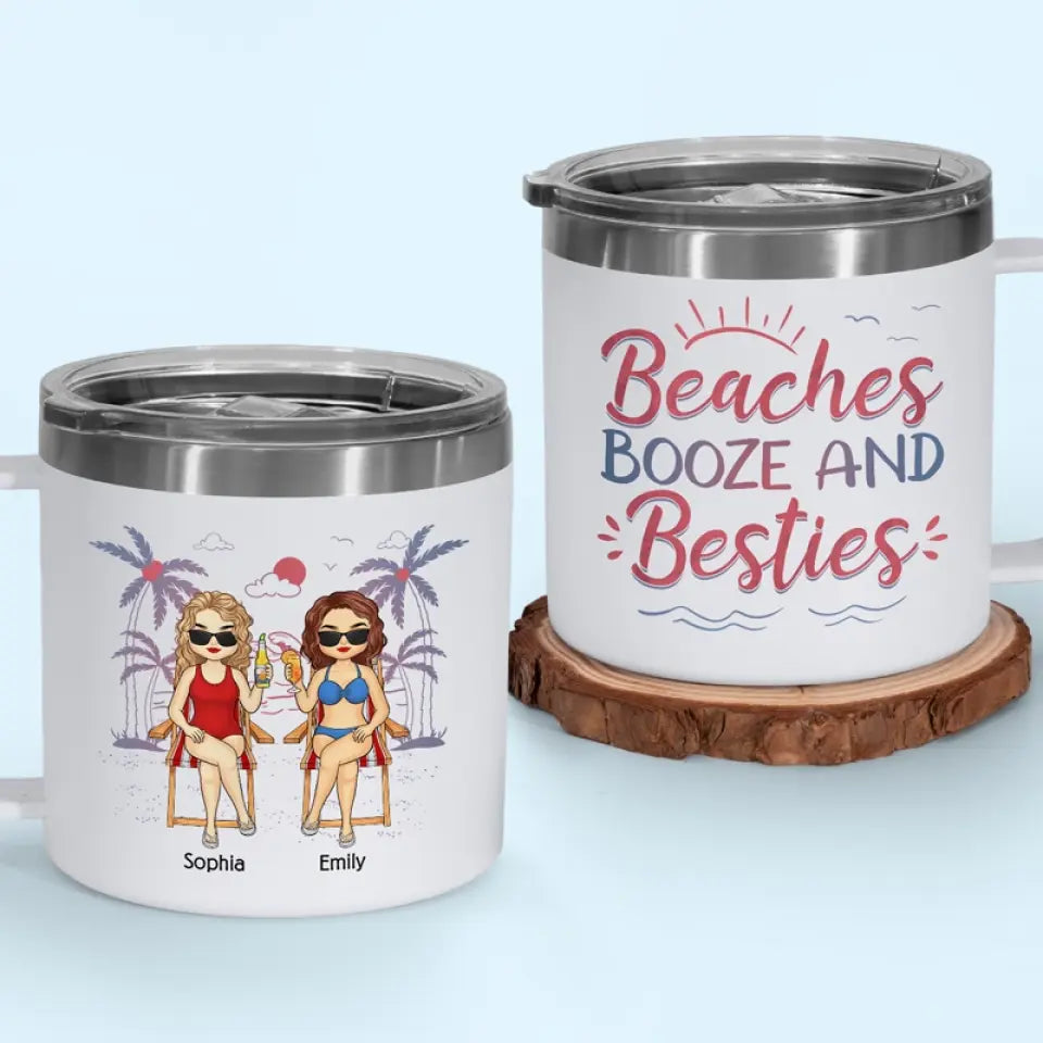 Friends, Sun, And Adorable Moments - Bestie Personalized Custom 14oz Stainless Steel Tumbler With Handle - Summer Vacation Gift For Best Friends, BFF, Sisters