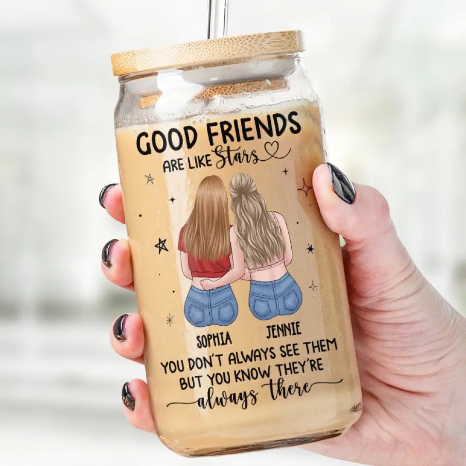 Friends Become Our Chosen Family - Bestie Personalized Custom Glass Cup, Iced Coffee Cup - Gift For Best Friends, BFF, Sisters