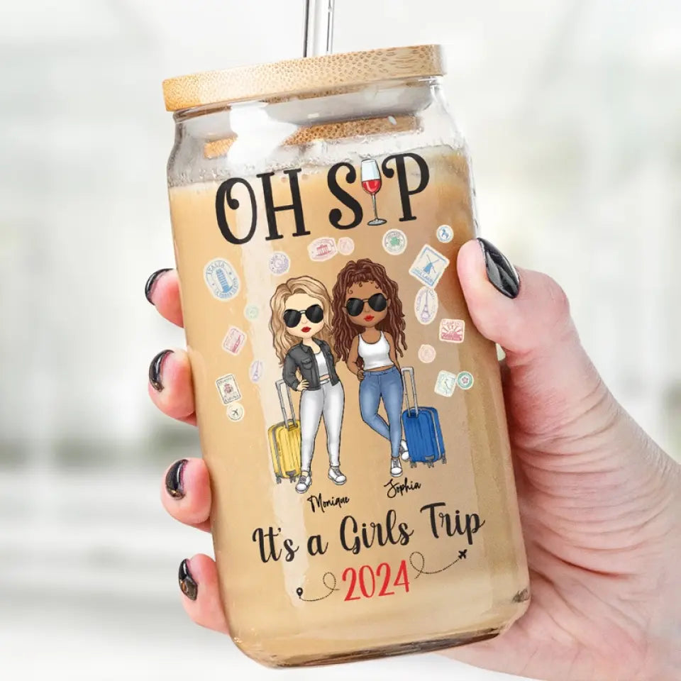 It's A Girls Trip - Bestie Personalized Custom Glass Cup, Iced Coffee Cup - Summer Vacation Gift For Best Friends, BFF, Sisters