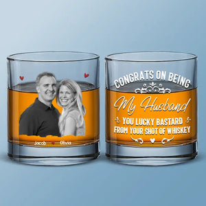 Custom Photo Congrats On Being My Husband - Couple Personalized Custom Whiskey Glass - Gift For Husband Wife, Anniversary