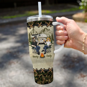 Our Love Story Is A Journey - Camping Personalized Custom 40 Oz Stainless Steel Tumbler With Handle - Gift For Husband Wife, Camping Lovers